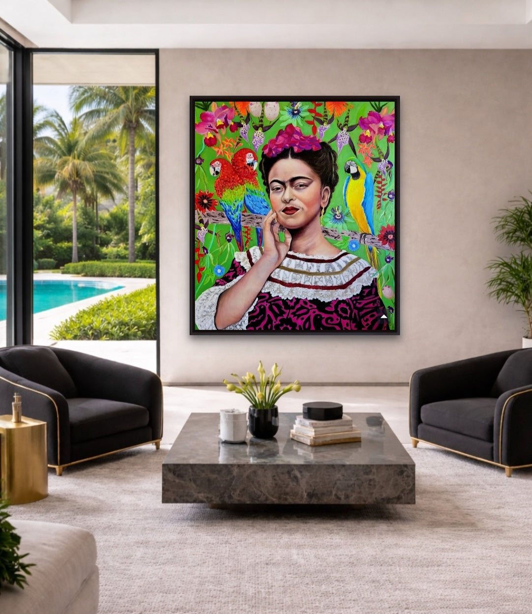 Original oil painting in a colorful portrait and tropical floral setting