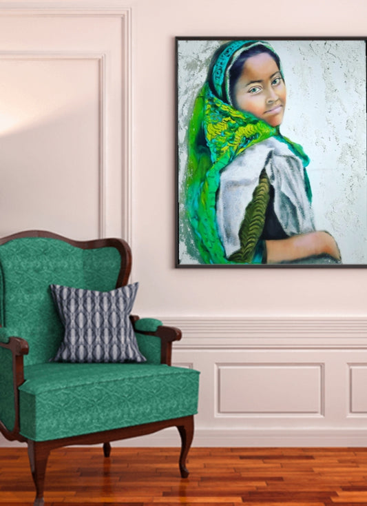 Afghan Girl with Green Scarf-Photorealism