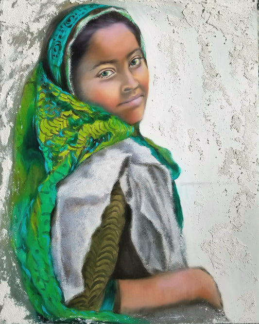 Afghan Girl with Green Scarf-Photorealism